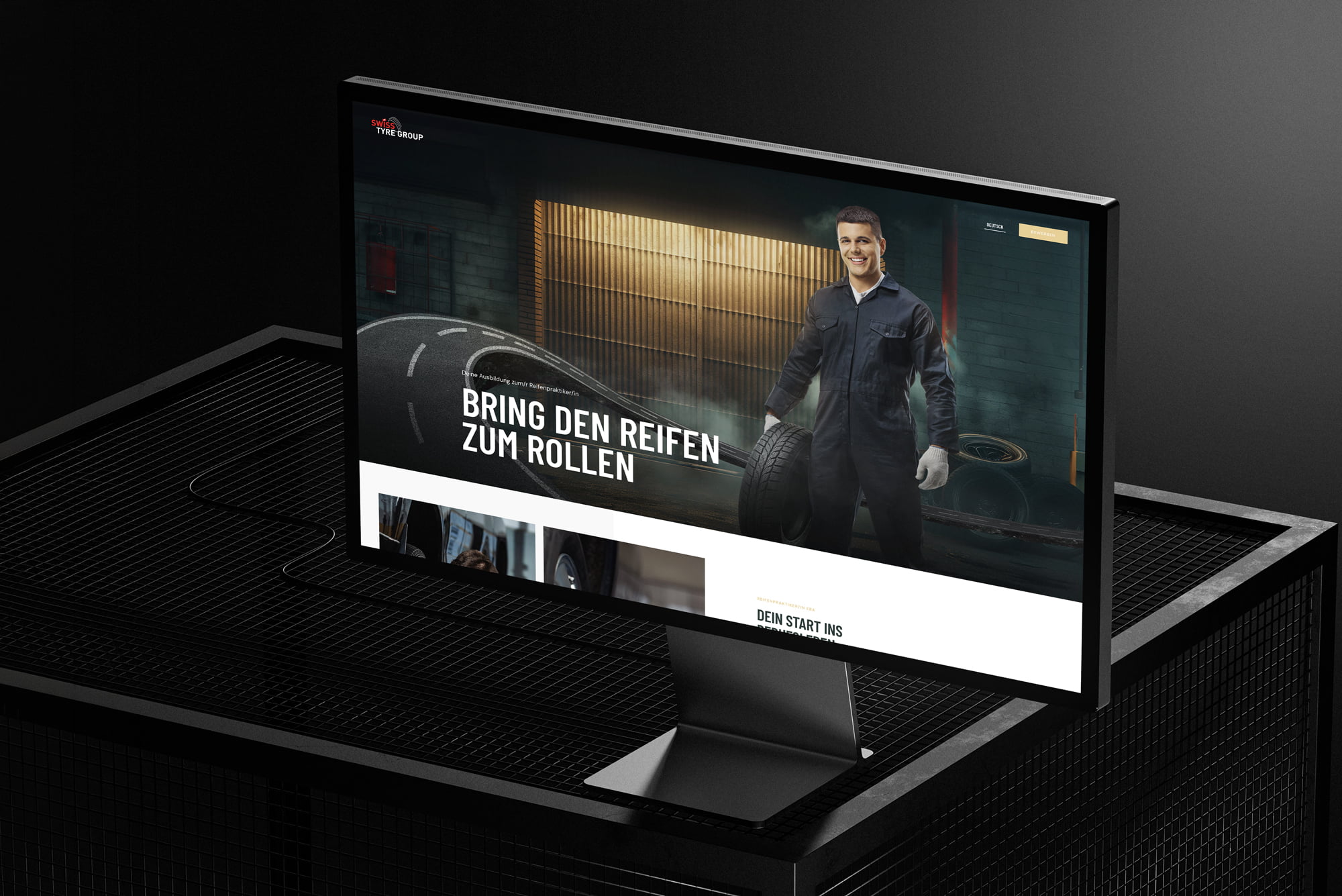 Website der Swiss Tyre Group zur Lehrstelle Reifenpraktiker/in EBA auf einem iMac