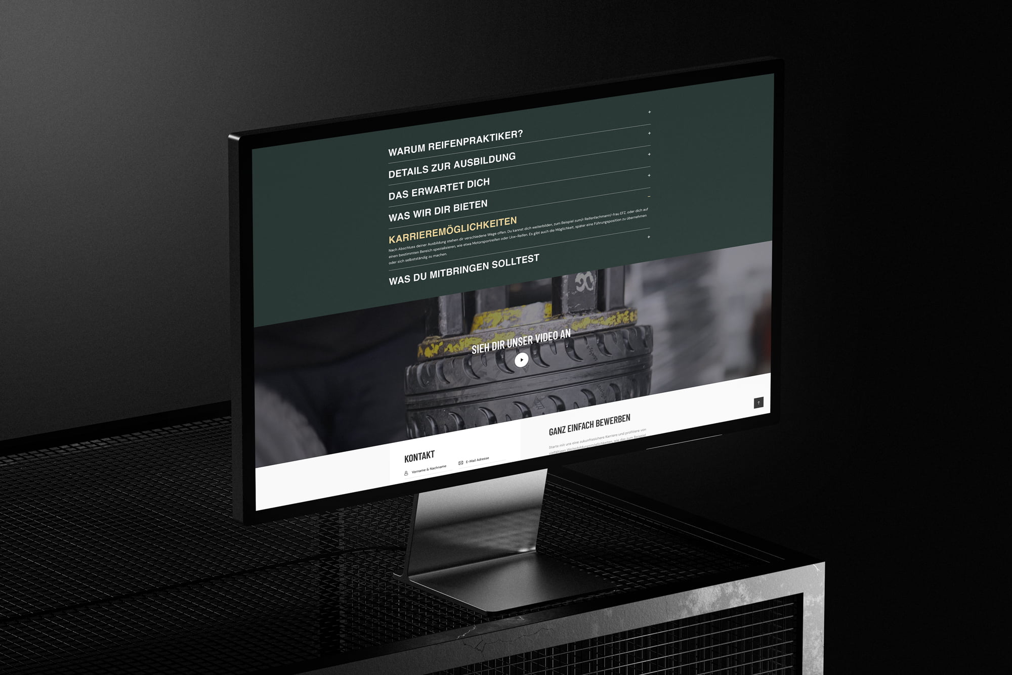 Website der Swiss Tyre Group zur Lehrstelle Reifenpraktiker/in EBA auf einem iMac